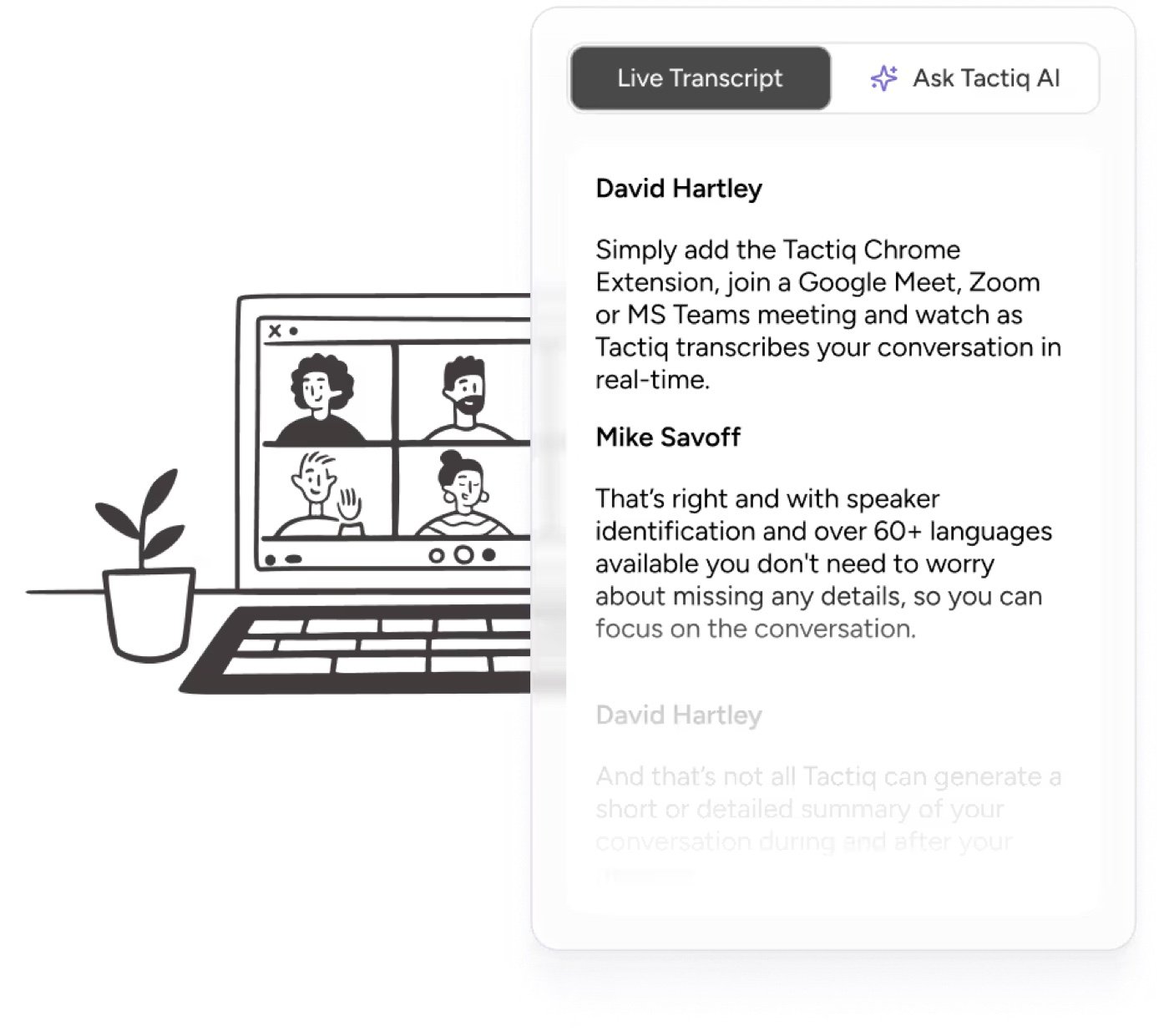 Screenshot of the Tactiq AI Meeting Transcription Chrome extension