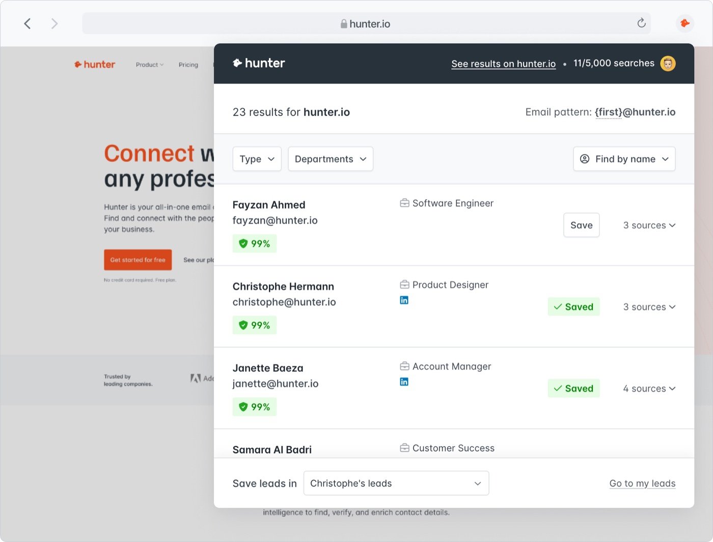 Screenshot of the Hunter Email Finder Chrome extension