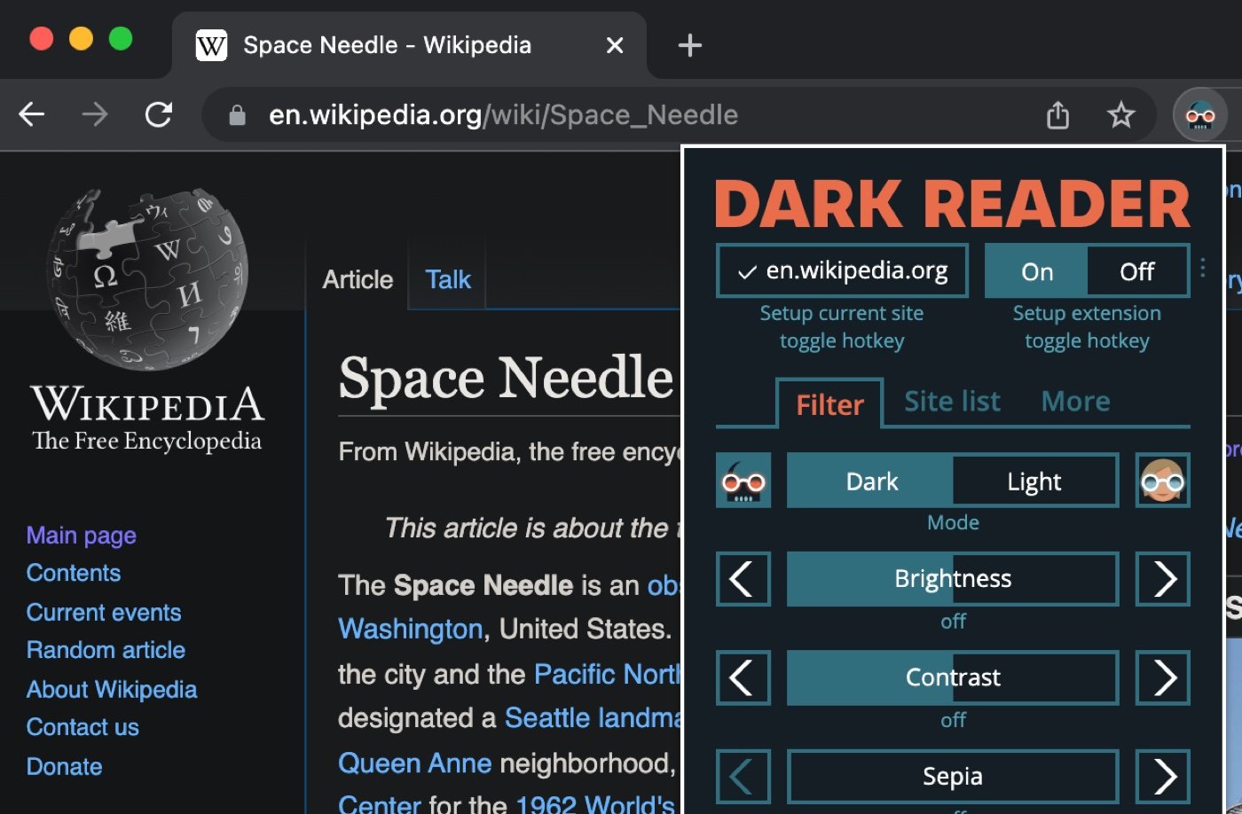 Screenshot of the Dark Reader Chrome extension